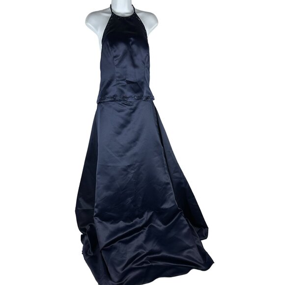 Elegant B2 Navy Blue Halter Evening Gown With Beaded Accents & Satin Finish Size - Picture 1 of 6